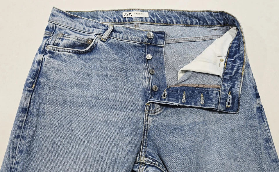 Zara Slim Straight Jeans Button Fly Blue Denim